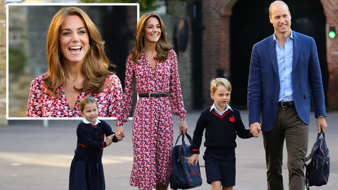 The Cambridge family walked together hand-in-hand as a sweet Charlotte and George looked excited for a new school year, dressed in their navy and red uniforms