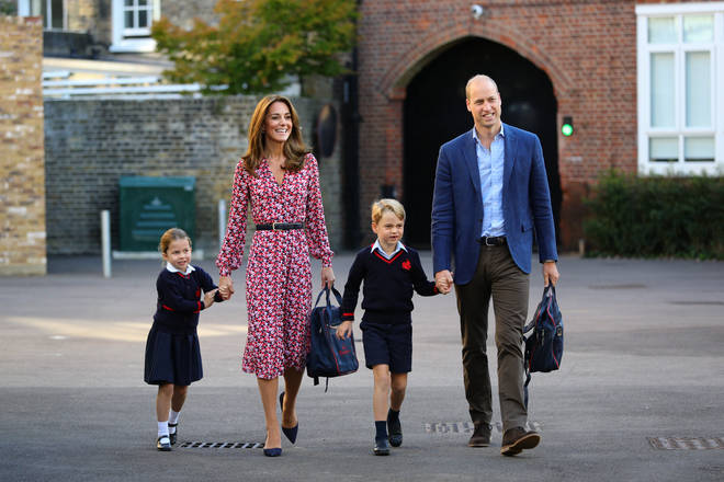 The Cambridge family arrived together at the school this morning