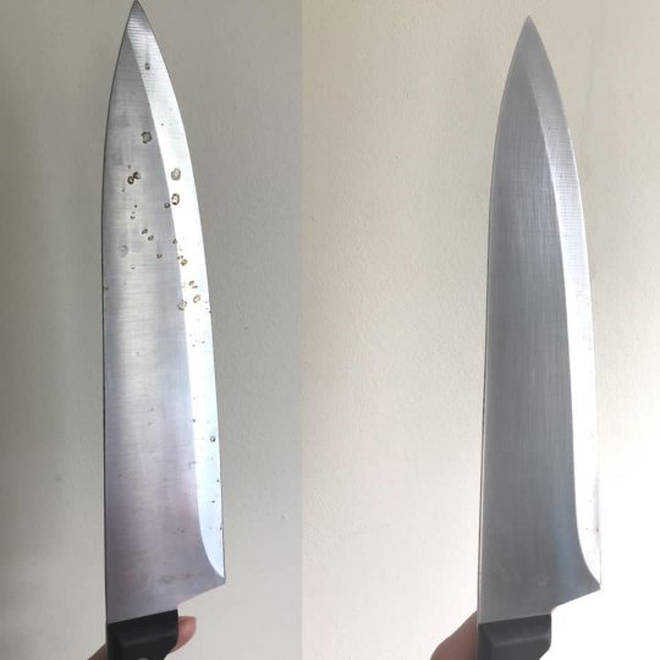 Before and after of stained knife