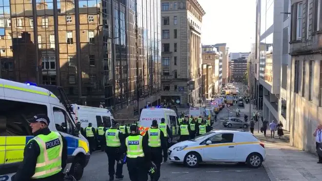 Hundreds of police lead the Republican march from Blythswood Square, Glasgow on 7 September 2019.