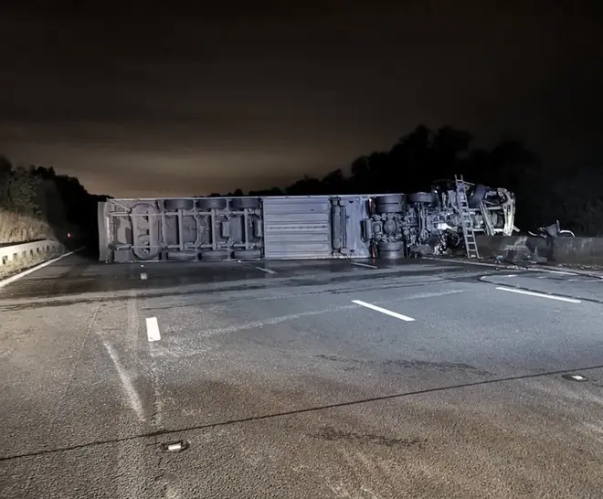 Overturned lorry on the M6 between Stafford and Gailey