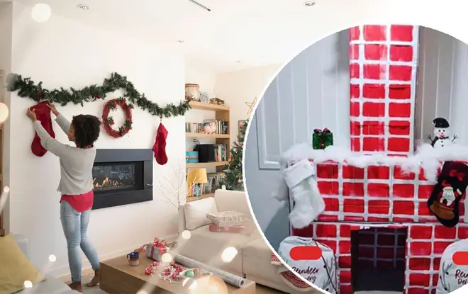 The DIY chimney is a centerpiece in the living room