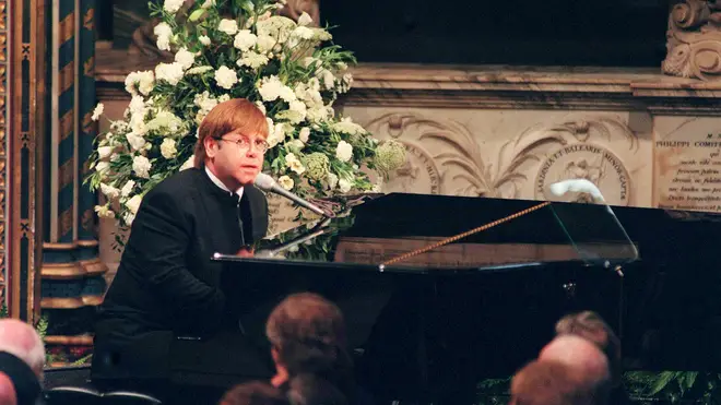 Elton John sings "Candle In The Wind" at Princess Diana&squot;s funeral in 1997