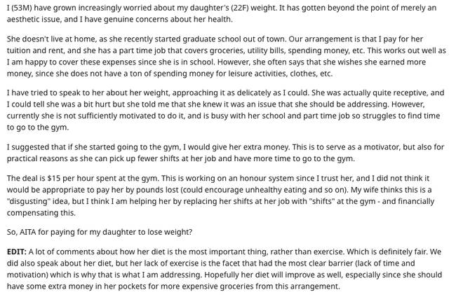 A man said he is now paying his daughter to lose weight