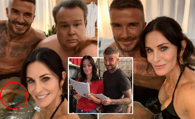 Courteney Cox has raised eyebrows on social media as she was pictured touching David Beckham's leg.