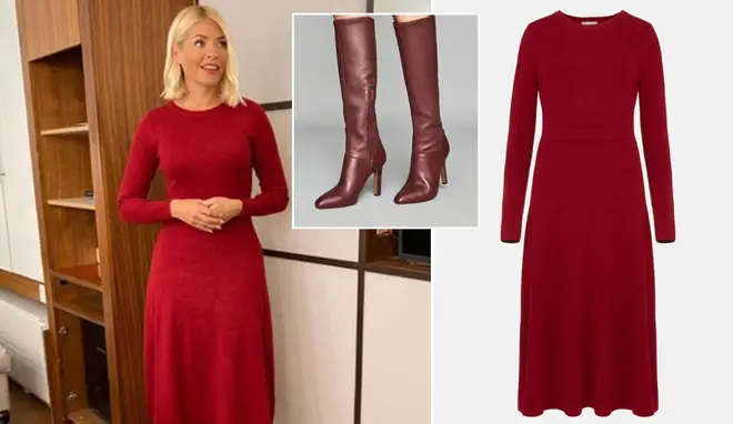 Holly is wearing a red dress and matching boots on This Morning today