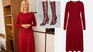 Holly is wearing a red dress and matching boots on This Morning today