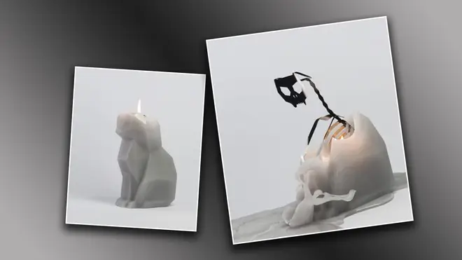 Burning this cat candle reveals a spooky surprise!