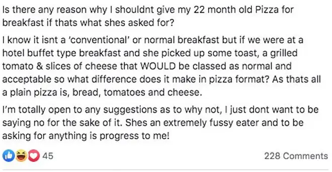 A mum from Aberdeen has asked if it's acceptable to feed her daughter pizza