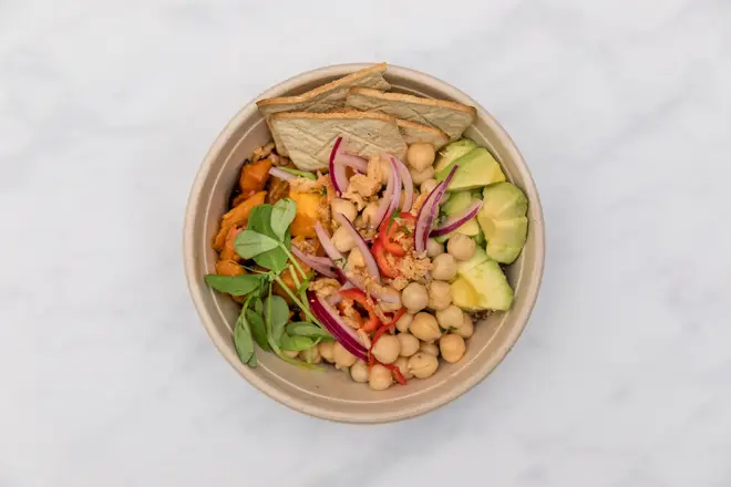The vegan bowl uses chickpeas instead of fish