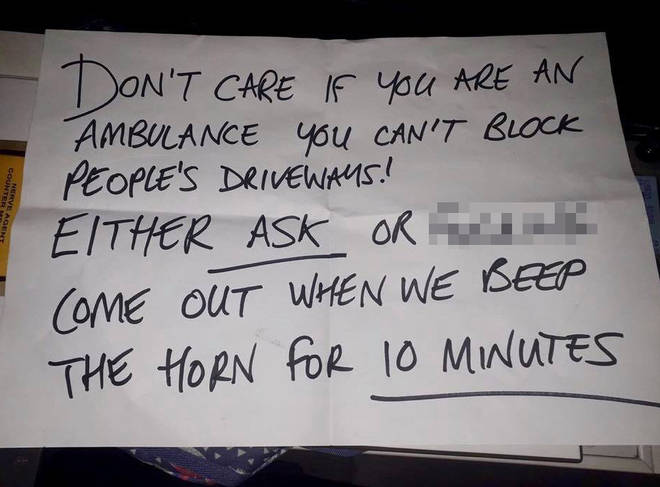 This note was allegedly left on the ambulance on Thursday night