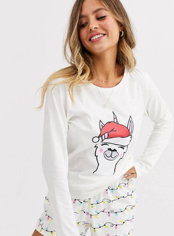 ASOS DESIGN Christmas unicorn lama tee & short pyjama set