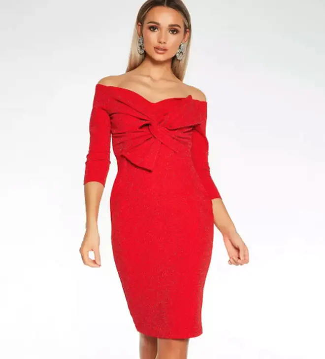 Quiz Red Glitter Bow Front Knee Length Dress