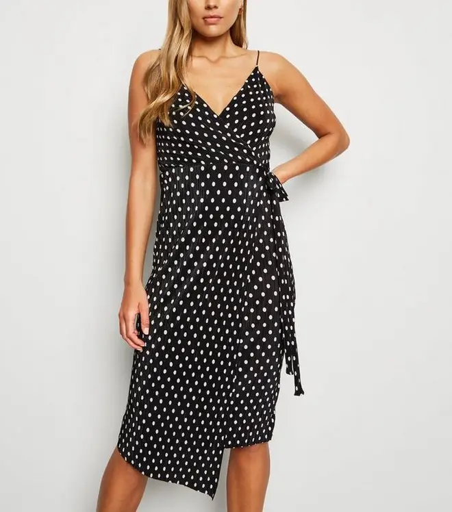 New Look Black Spot Print Plisse Midi Wrap Dress